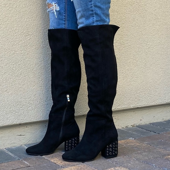Black Studded Edgy Chunky Kitten Heel OTK Boots - Picture 6 of 8